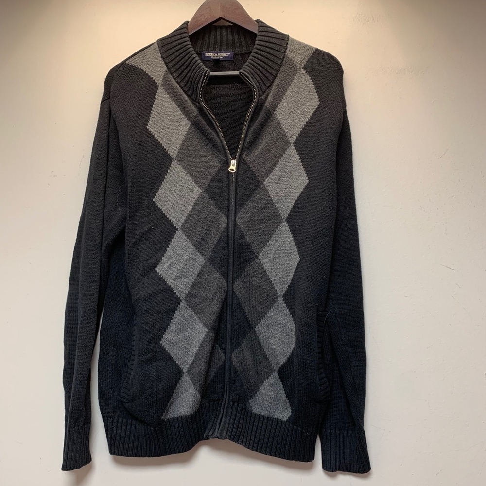 Bowen & Wright Cardigan Mens Small Black Gray Argyle Full Zip Cotton Sweater
